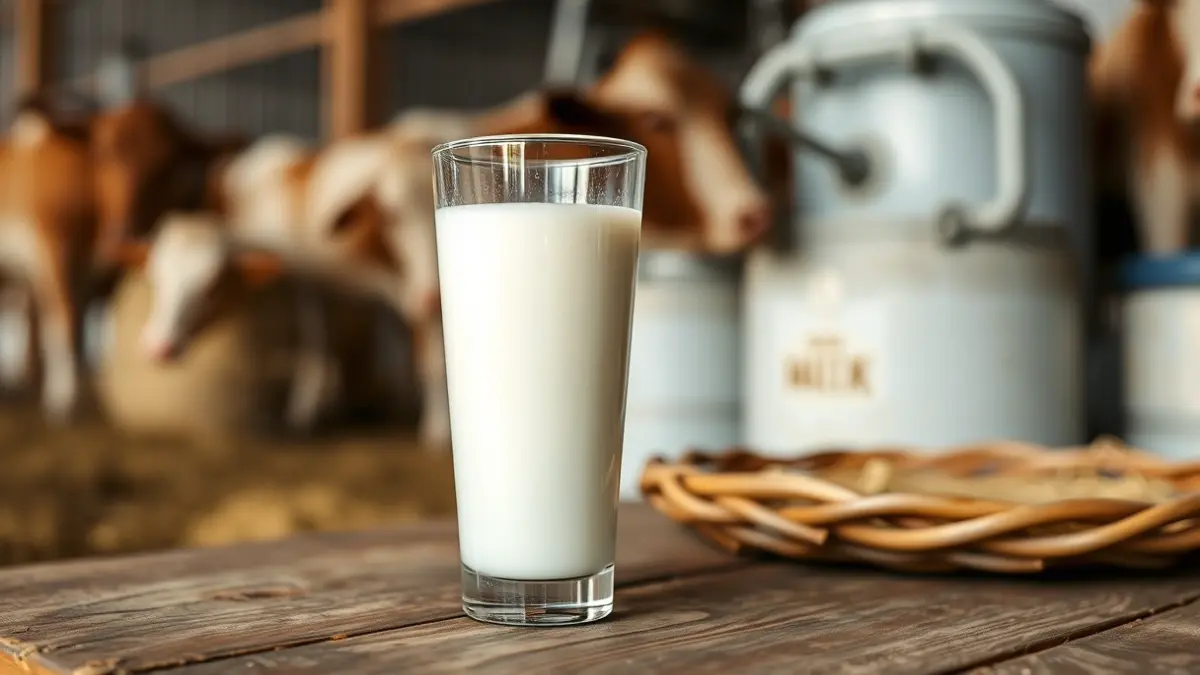 Imagen genérica de un vaso de leche sobre una mesa de madera, simbolizando el sector lácteo.