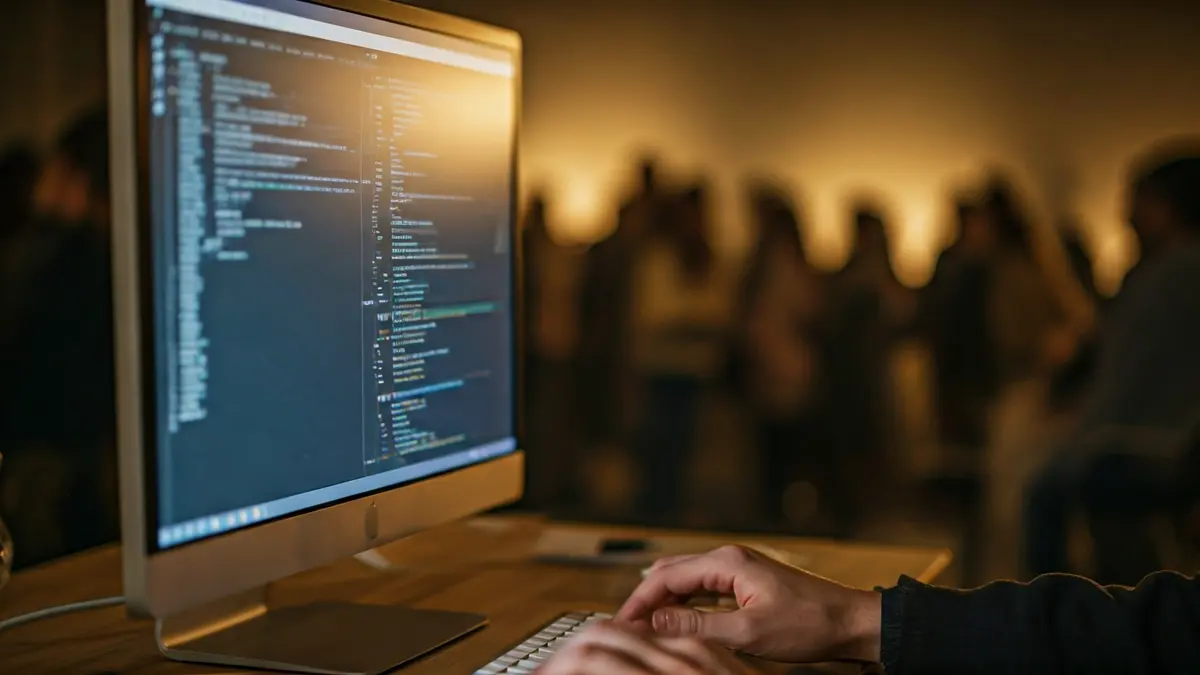 Imagen genérica de un ordenador con código de programación y manos tecleando.