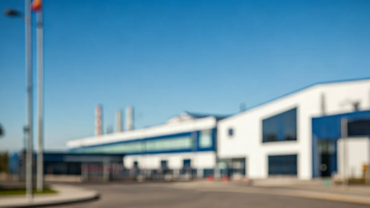 Generic image of an industrial park entrance sign with factories in the background.