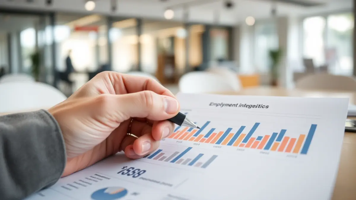 Generic image of a hand analyzing employment data on a document.