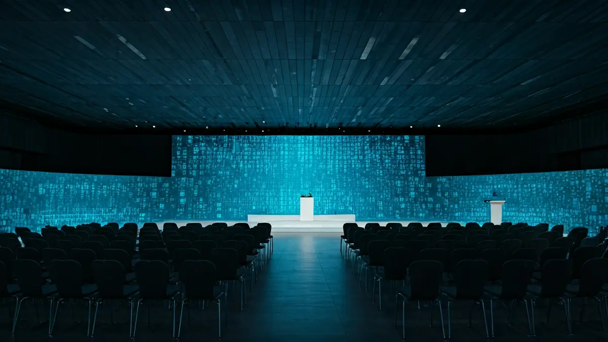 Imagen genérica de una sala de conferencias moderna con una pantalla grande y sillas vacías, sugiriendo un evento tecnológico.