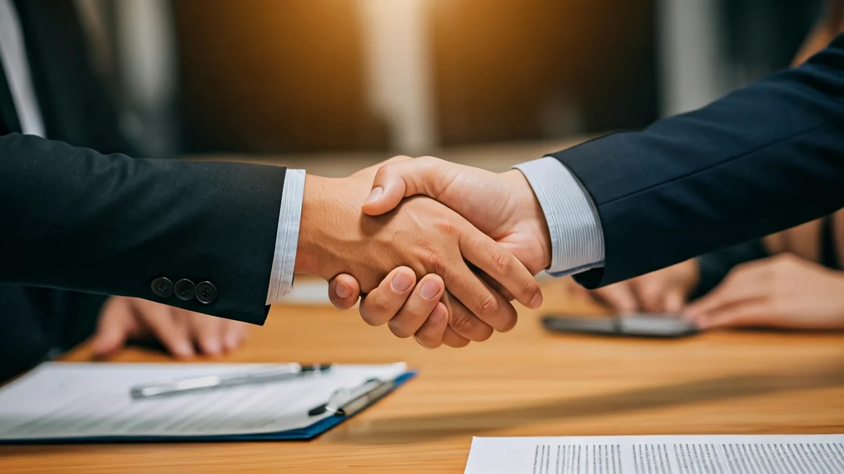 Generic image of two hands shaking over a desk, symbolizing a business agreement.
