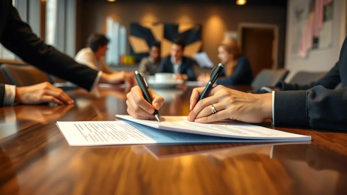 Imagen genérica de manos firmando un documento en una mesa de conferencias, simbolizando la colaboración en el sector alimentario.