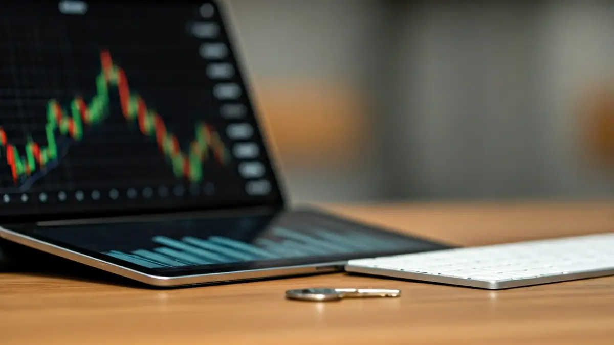 Imagen genérica de una tableta digital con un gráfico de tendencia a la baja y un teclado, simbolizando el análisis de datos y la regulación.