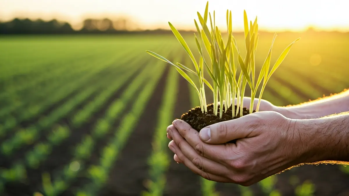 Generic image of a farmer's hands holding soil and green sprouts, symbolizing agricultural growth.