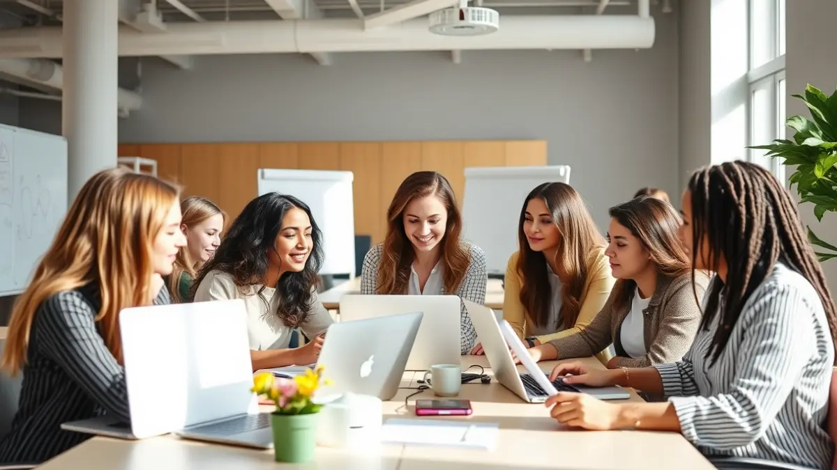 Imagen genérica de mujeres emprendedoras colaborando en un espacio de trabajo moderno.