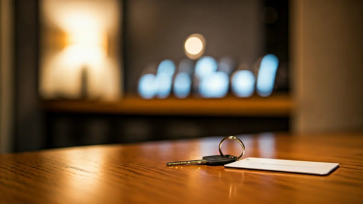 Imagen genérica de una tarjeta llave de hotel sobre un mostrador de recepción, con un fondo difuminado de un vestíbulo moderno.