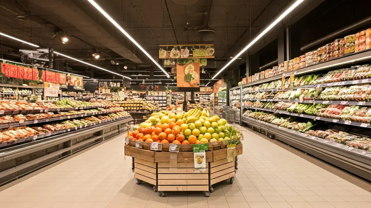 Imagen genérica de un supermercado moderno con productos frescos y pasillos amplios.
