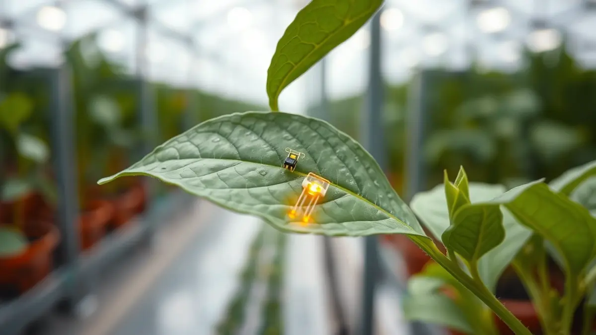 Generic image of a plant leaf with biosensors, representing agricultural biotechnology.