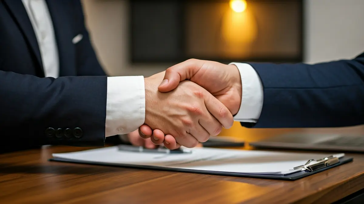 Imagen genérica de dos manos estrechándose sobre un papeleo, simbolizando colaboración.