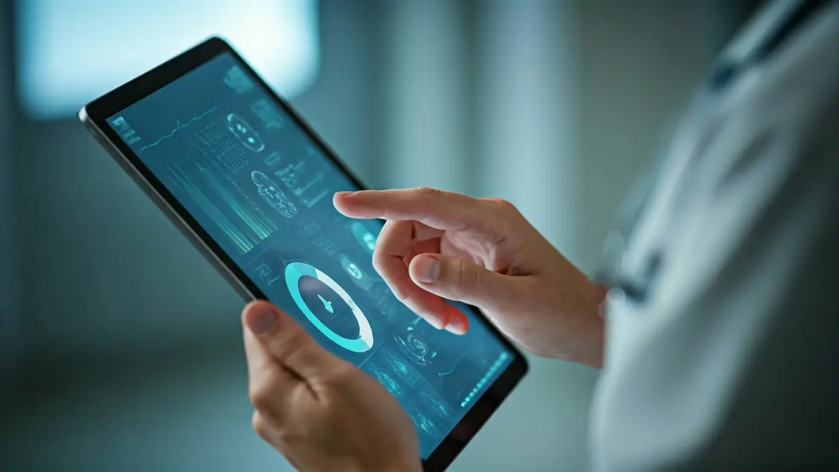 Imagen genérica de una pantalla de tablet con una interfaz de diagnóstico médico y una mano señalando.