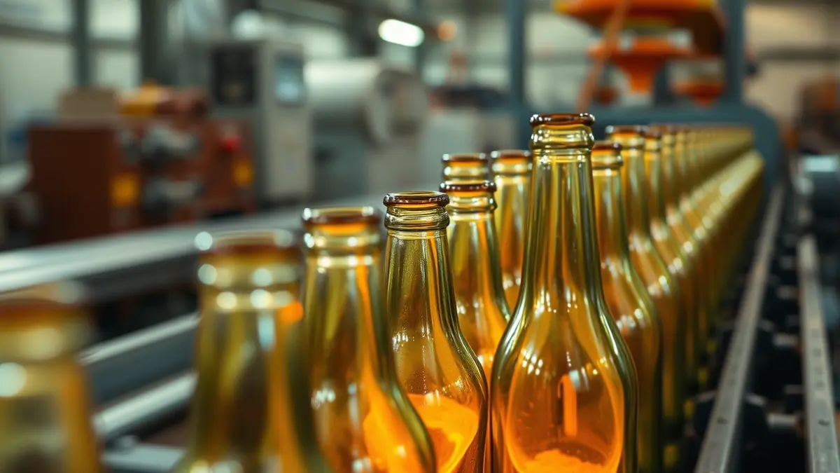Generic image of a glass container manufacturing line, with molten glass being shaped into bottles.