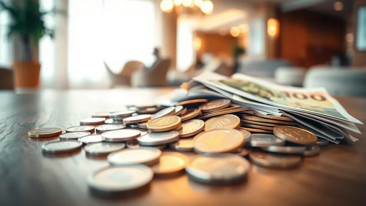 Imagen genérica de monedas y billetes de euro sobre una mesa de madera, simbolizando un impuesto turístico.