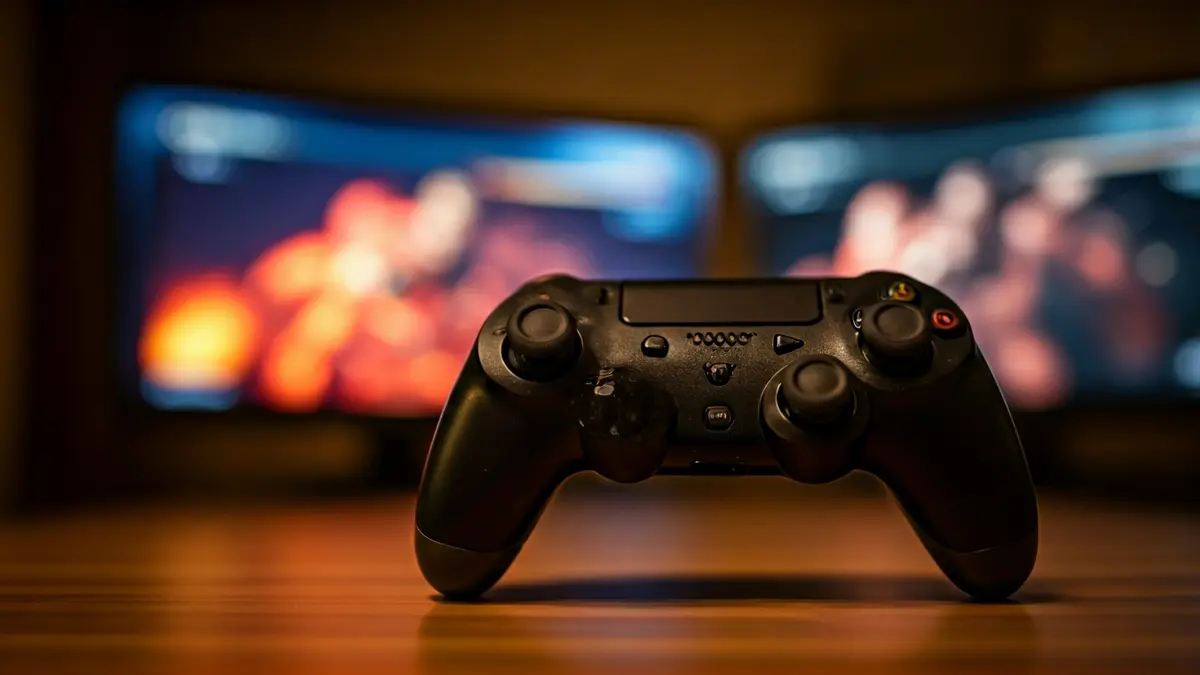 Generic image of a video game controller with blurred fighting game screens in the background.