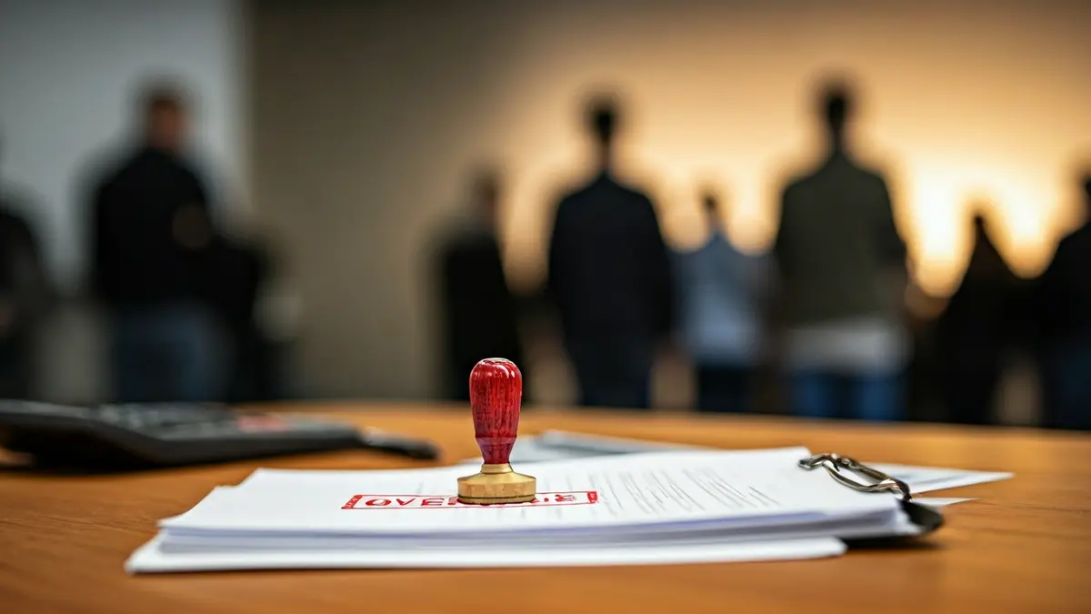 Imagen genérica de documentos oficiales con un sello de 'PENDIENTE' y una calculadora, representando trámites administrativos y tasas impagadas.