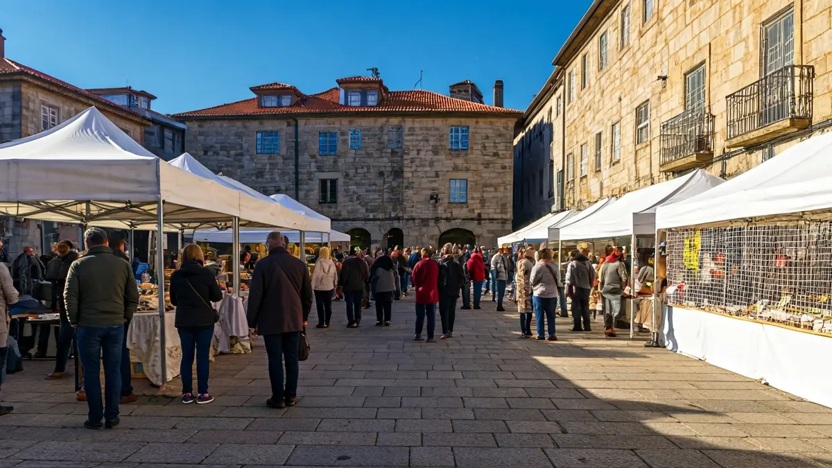 Imaxe dunha feira de oportunidades na Praza da Constitución de Vilalba.