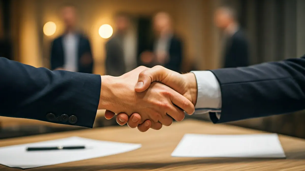 Generic image of two hands shaking in an office setting, symbolizing a collaboration agreement.