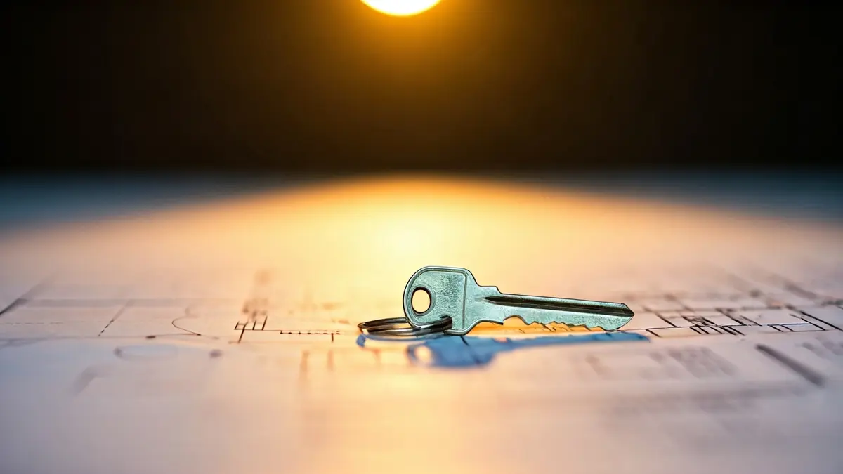 Generic image of a house key on a blueprint, symbolizing housing and savings.