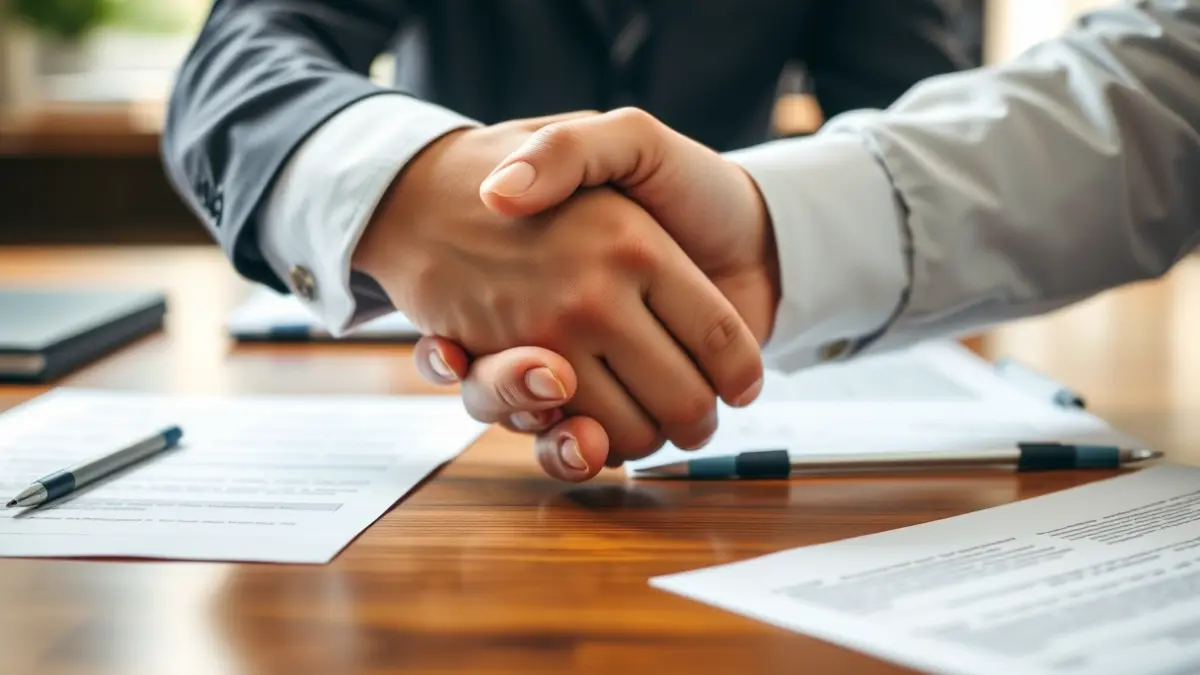 Generic image of hands shaking over a desk, symbolizing labor negotiations.