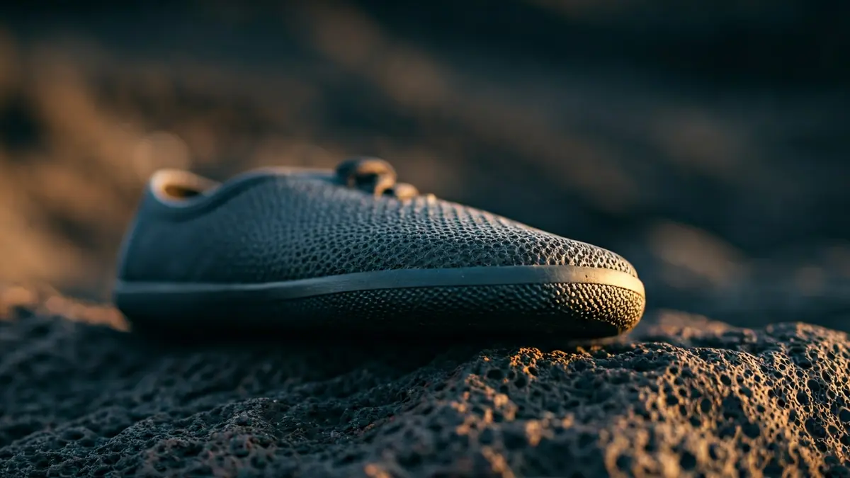 Minimalist shoe sole with volcanic ash on volcanic rock.