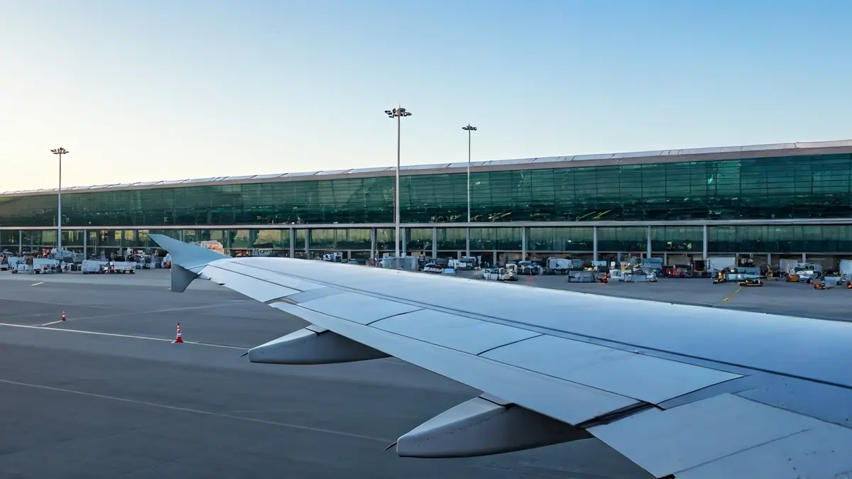Imagen genérica de un ala de avión en un aeropuerto, simbolizando el tráfico aéreo.