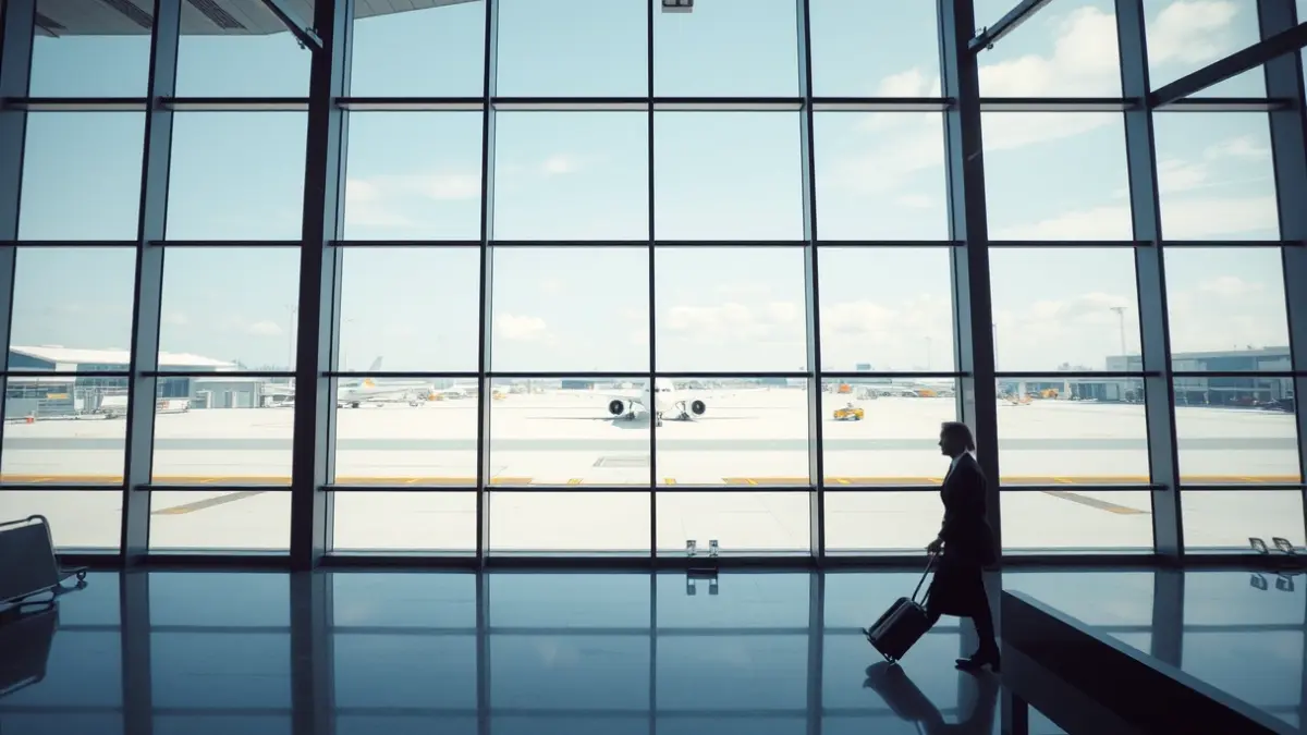 Imagen genérica de un aeropuerto moderno con un avión en la pista.