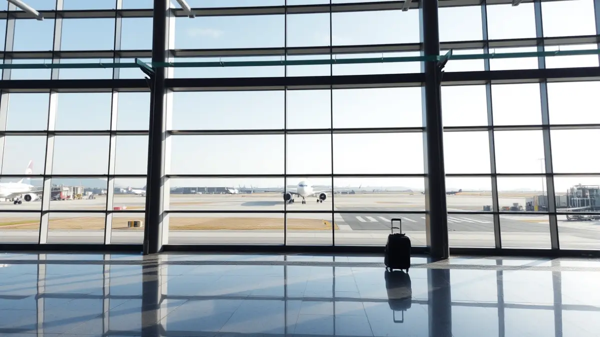 Imagen genérica de un aeropuerto moderno con un avión en la pista.