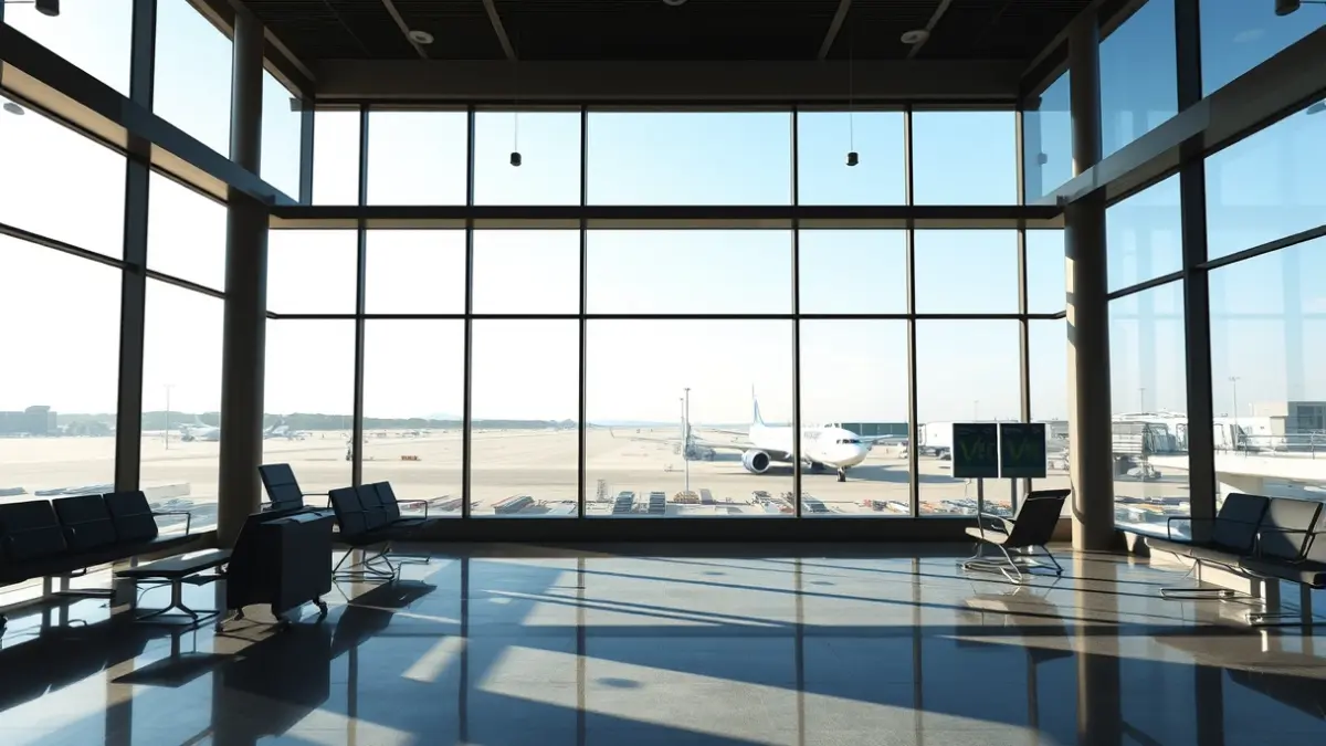 Imagen genérica de un aeropuerto moderno con un avión en la pista.