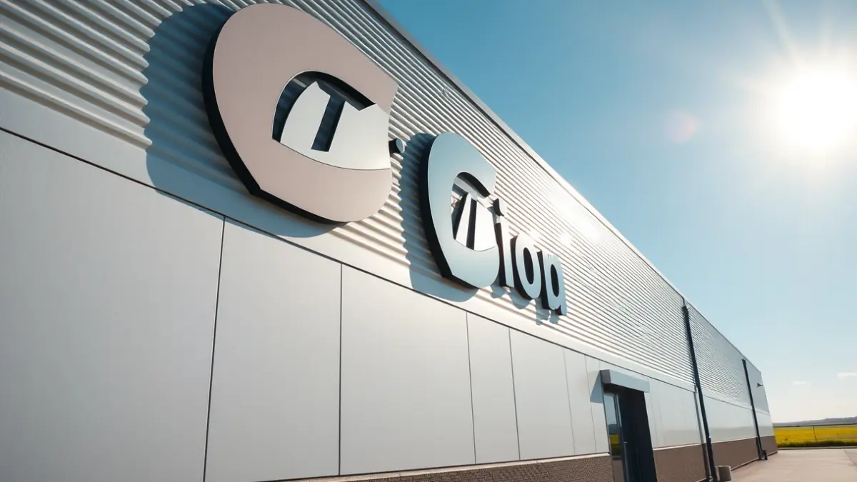 Fachada de una planta industrial moderna con un logotipo corporativo, bajo la luz del sol.