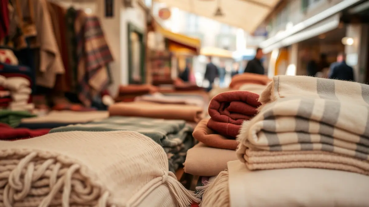 Generic image of a home textile market stall, with blankets and sheets, in an outdoor market in the Basque Country.