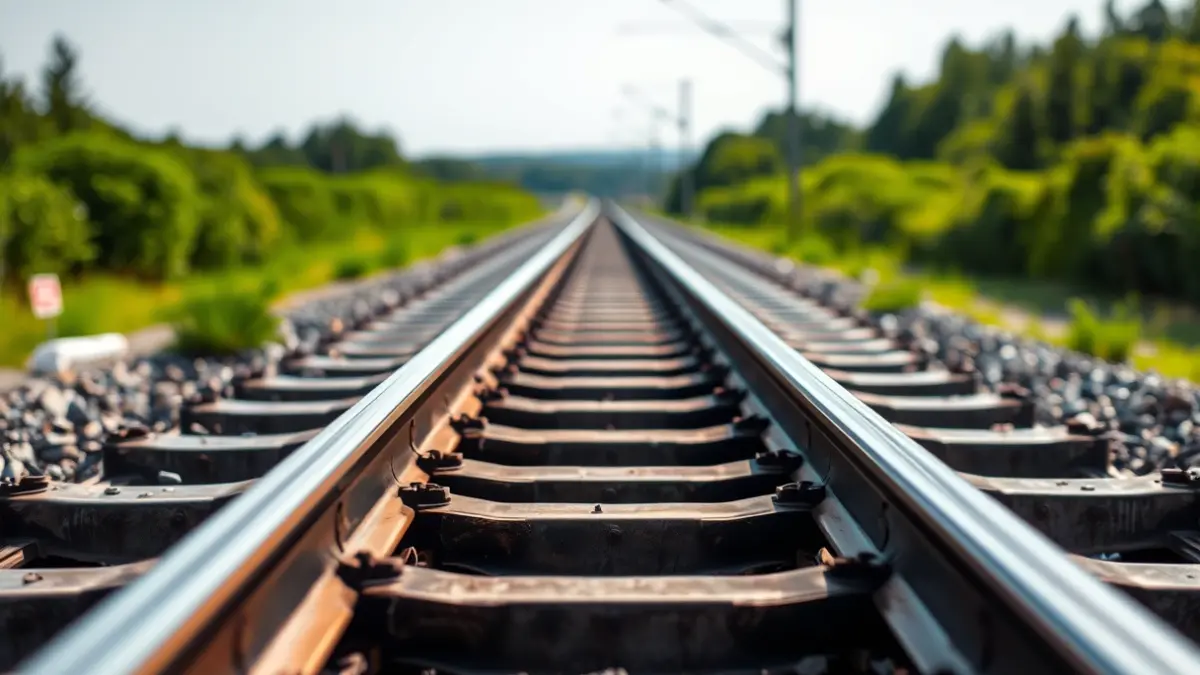 Imagen genérica de nuevas vías de tren con paisaje verde de fondo.