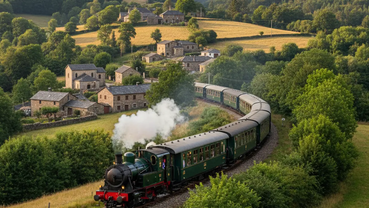 Imagen de un tren turístico histórico recorriendo un paisaje gallego.