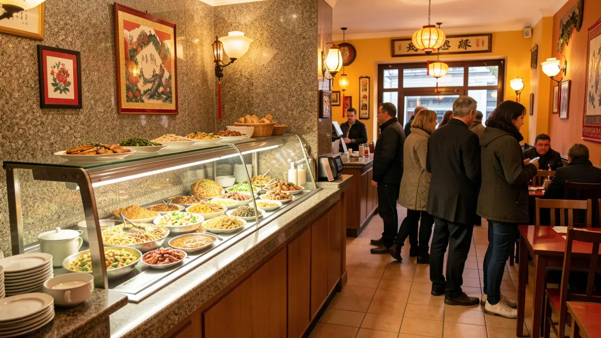 Interior de un restaurante chino con buffet libre en Galicia.