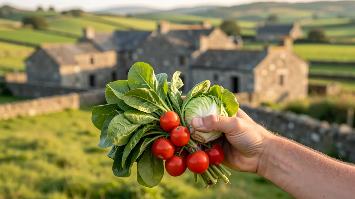 Primer plano de un manojo de hortalizas ecológicas con un paisaje rural gallego al fondo.