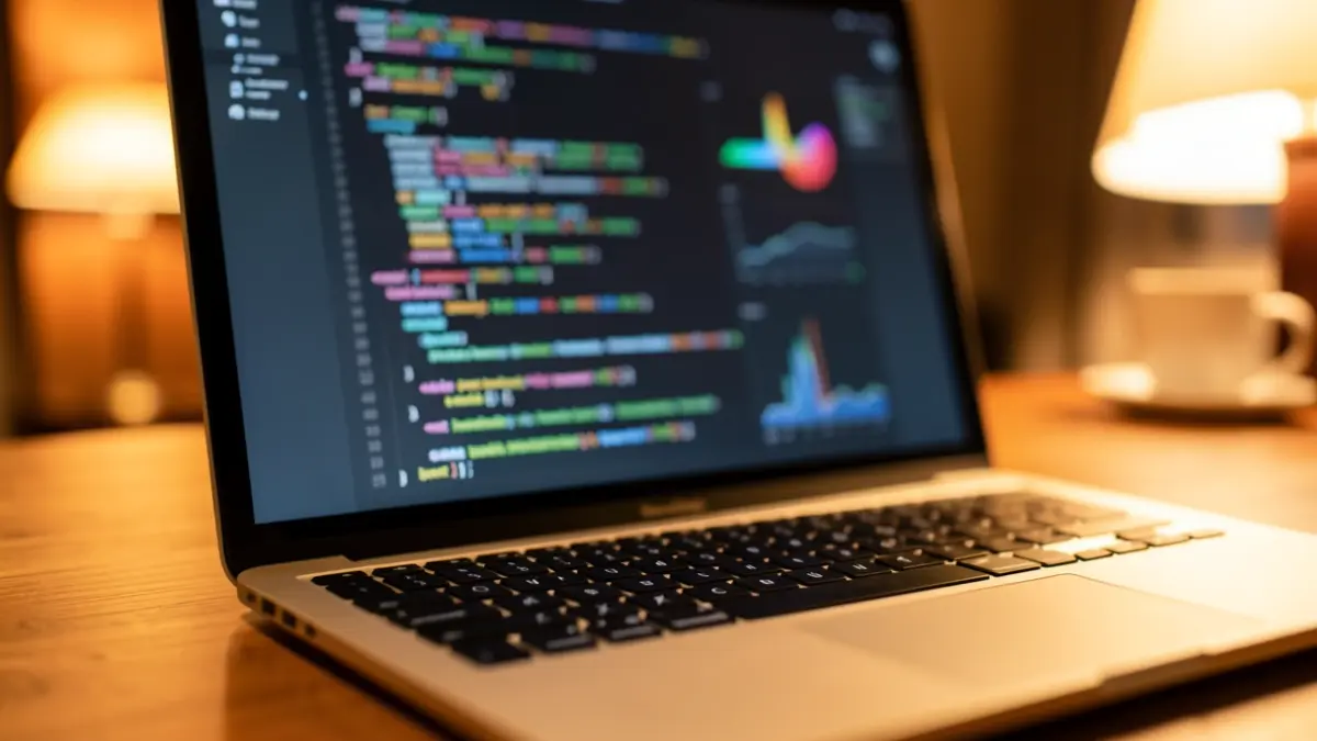 Imaxe xenérica dun teclado de portátil coa pantalla desenfocada mostrando código e visualizacións de datos.