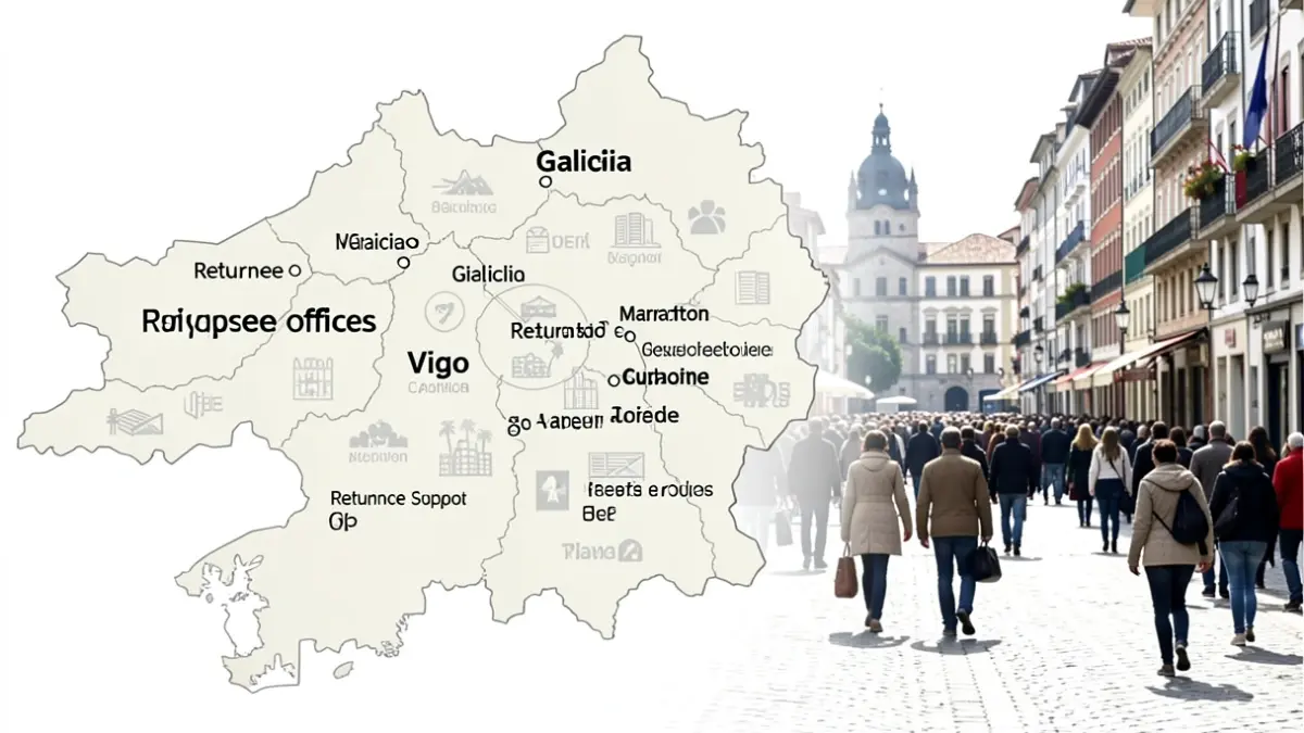 Imagen genérica de un mapa de Galicia destacando Vigo y otras ciudades con oficinas de apoyo al retorno.