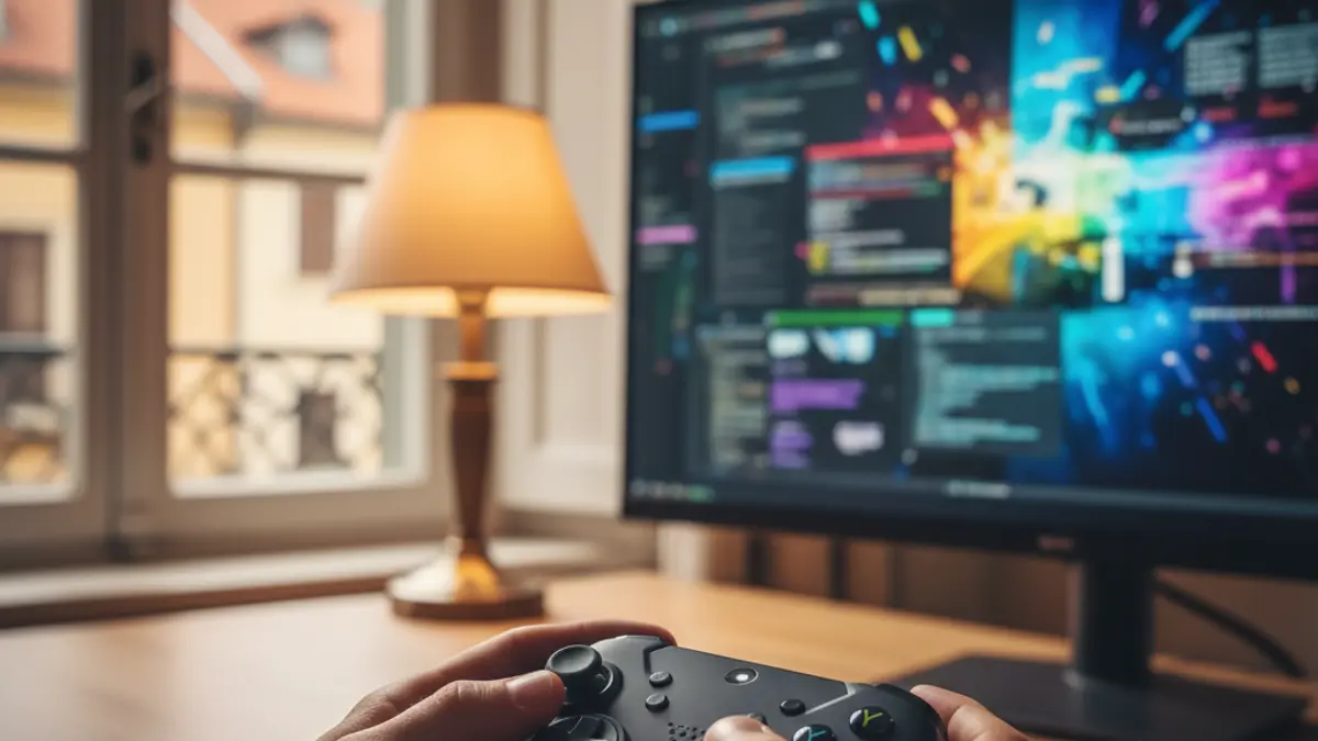 Imagen genérica de una pantalla de ordenador con código y gráficos de videojuegos, y una mano sosteniendo un controlador.