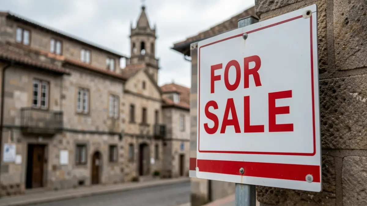 Imagen genérica de cartel de 'Se Vende' inmobiliario frente a edificios de granito en Santiago de Compostela.