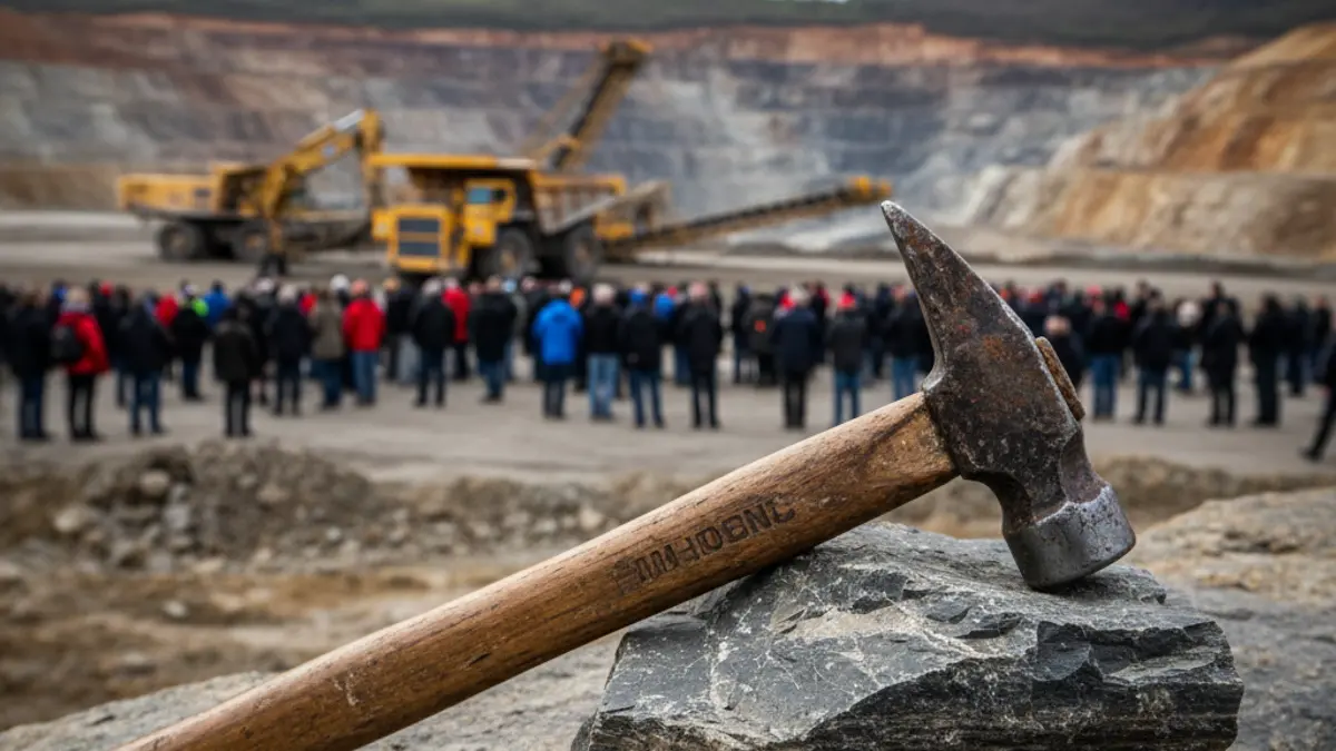 Imagen genérica de un martillo geológico sobre una muestra de roca, con maquinaria minera al fondo.