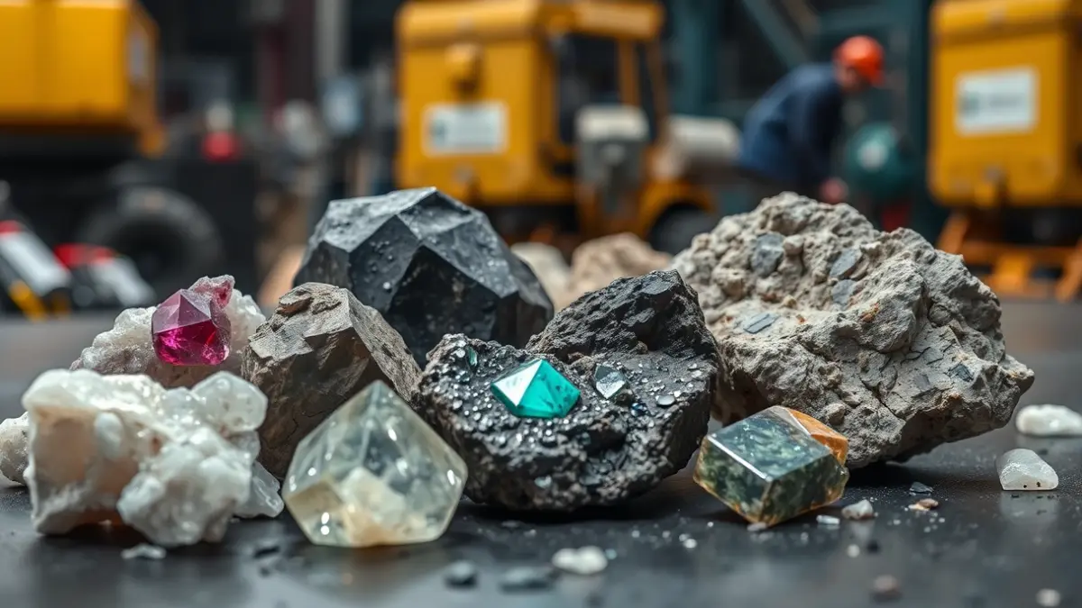 Imaxe xenérica de minerais brutos, como litio e volframio, sobre unha mesa.
