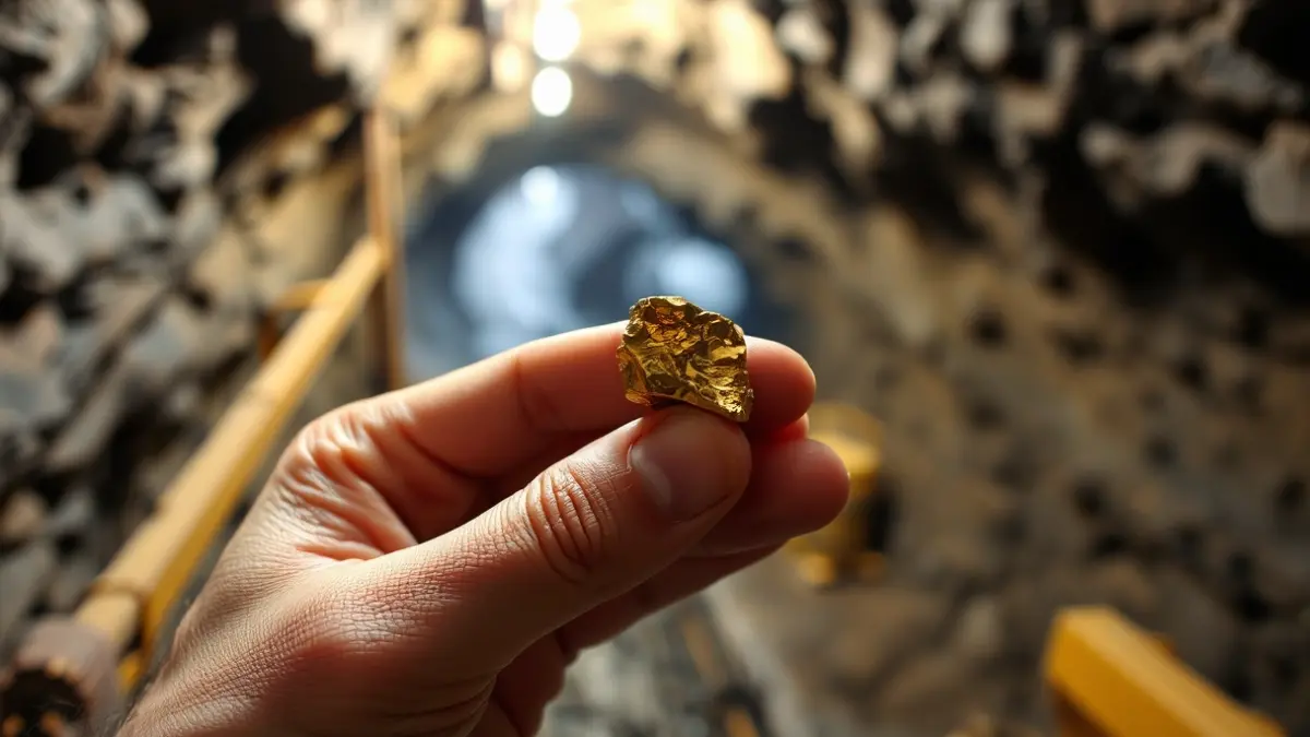 Imagen genérica de una mano sosteniendo mineral de oro en una mina.