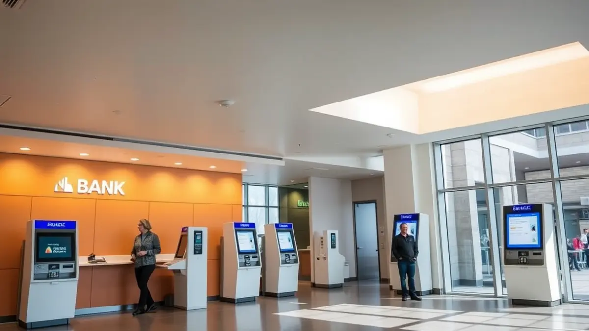 Imagen genérica de una oficina bancaria moderna con tecnología digital.