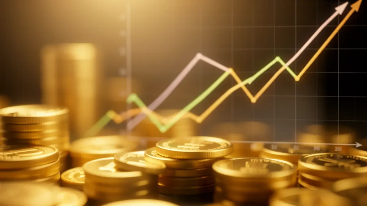 Imagen genérica de éxito financiero con monedas doradas y gráficos abstractos.