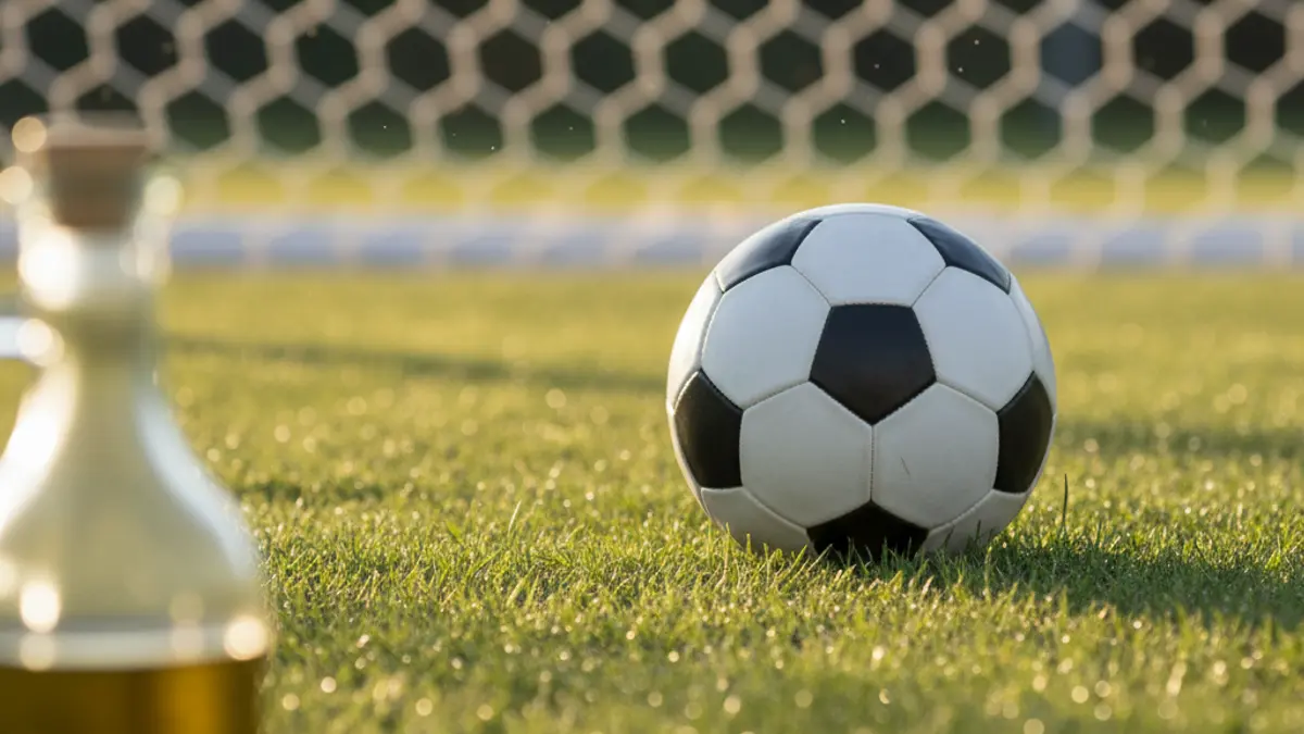 Imagen genérica de un balón de fútbol sobre césped, con red de portería al fondo y una botella de aceite desenfocada.