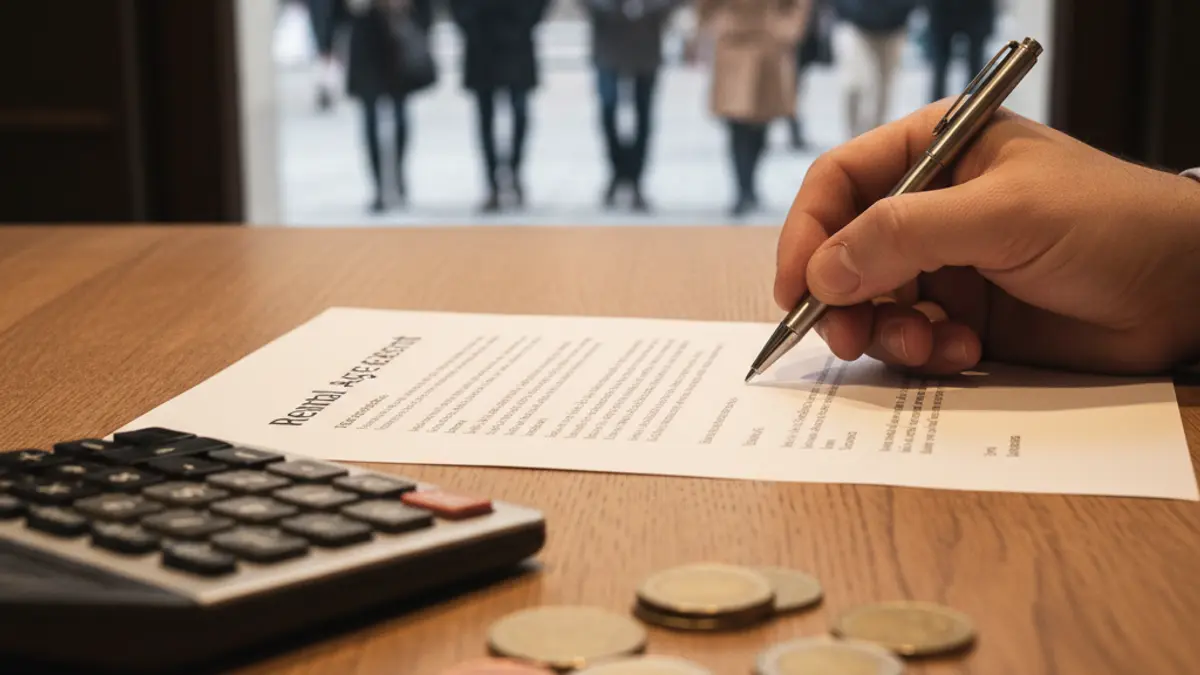 Generic image of a hand with a pen over a rental contract, with a calculator and coins on a wooden desk, representing financial decisions and legal documents.