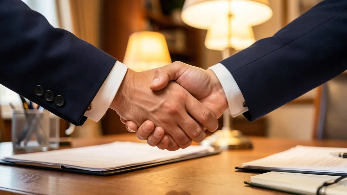 Generic image of two hands shaking over a desk with documents, representing a business agreement.
