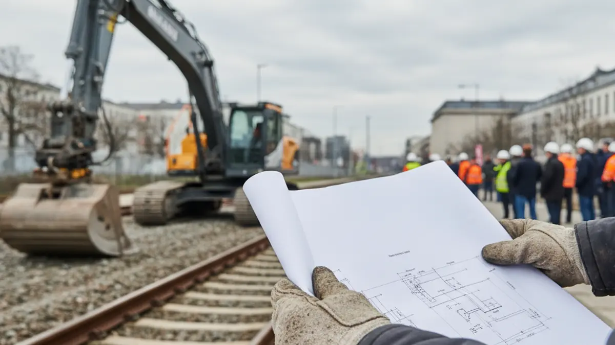 Imagen genérica de manos de trabajadores de la construcción revisando planos en una obra ferroviaria.