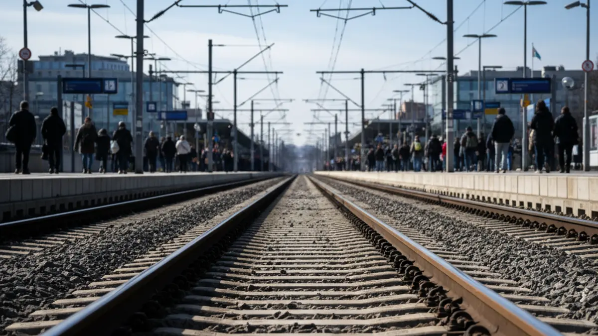 Generic image of modern train tracks at a station, with a blurred background.