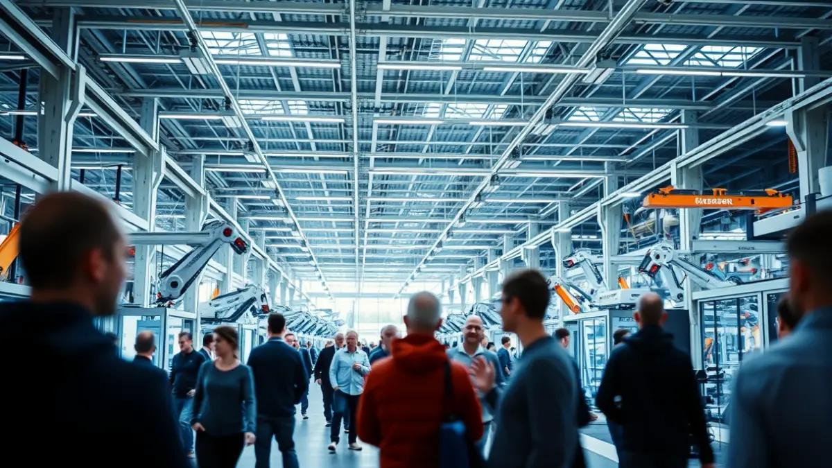 Generic image of an industrial exhibition hall with robots and advanced technology.