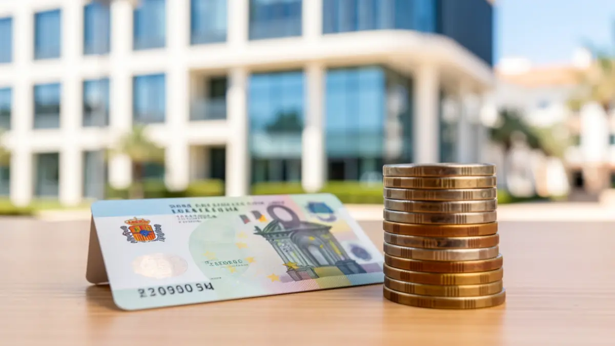 Primer plano de una tarjeta de la Seguridad Social española y una pila de monedas de euro sobre un escritorio, con el fondo desenfocado de la fachada de un edificio de oficinas moderno en Andalucía.